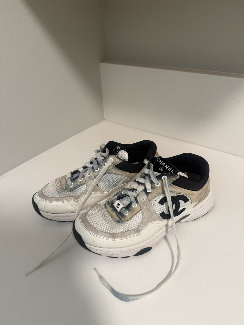 CHANEL White and Black Logo Women's Sneakers SIZE 38